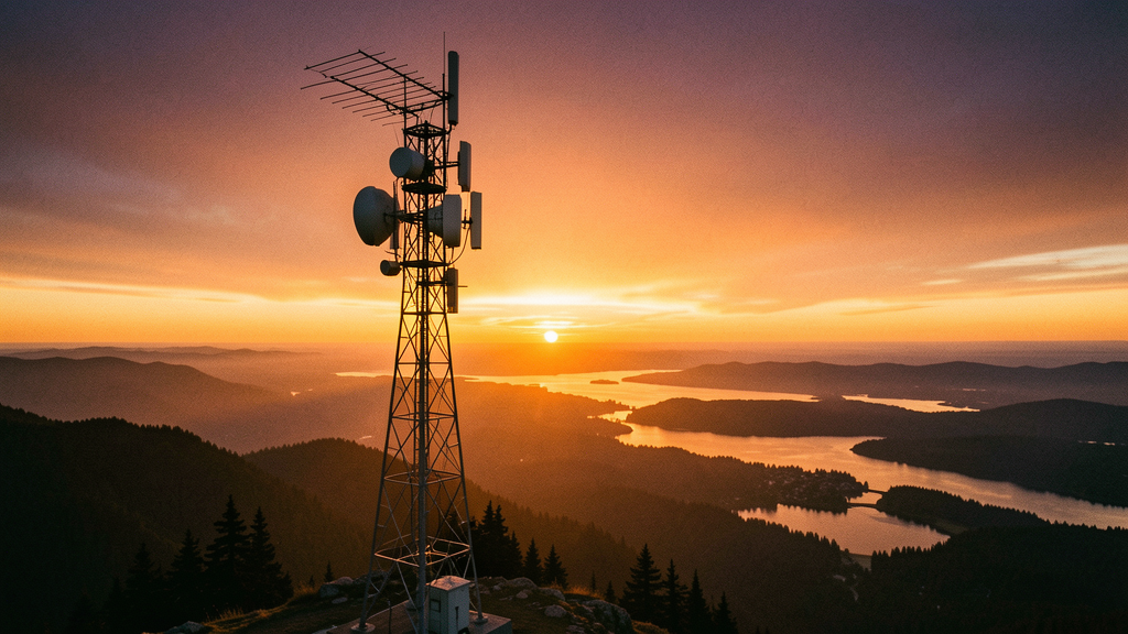 A tall amateur radio antenna tower on a mountain ridge at sunset, with stacked Yagi beam antennas silhouetted against a deep orange and purple sky, and a sweeping view of Pacific Northwest landscape stretching out below.